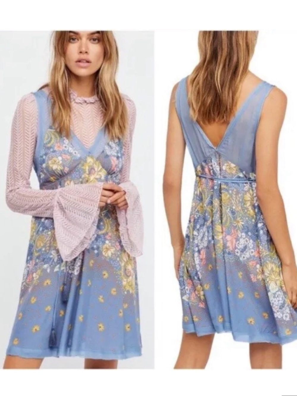 Free People Whimsical Blue Longwood Floral V Neck Slip Dress Sheer Boho Fairy L